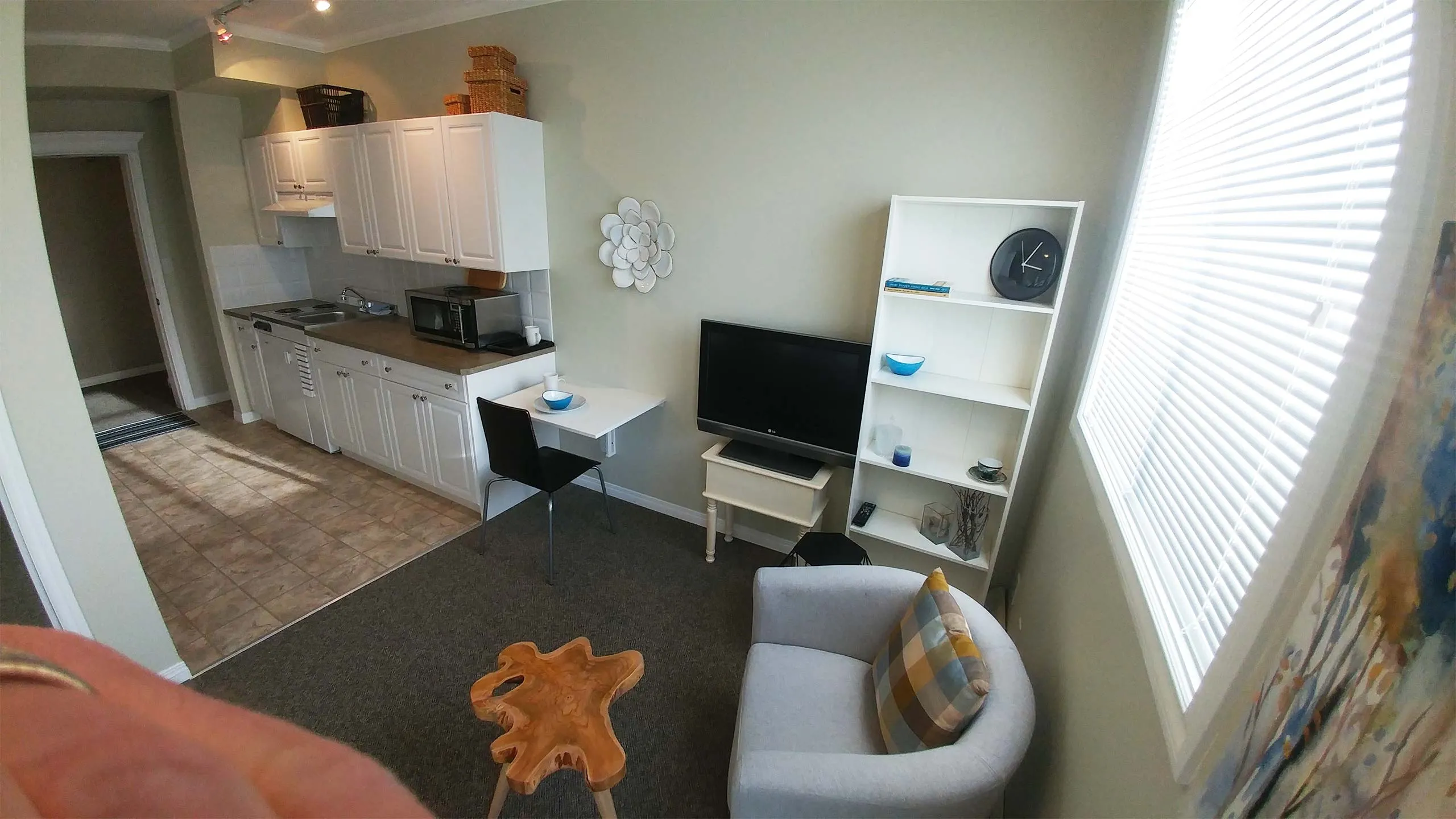 A furnished studio suite with a kitchenette, TV and armchair
